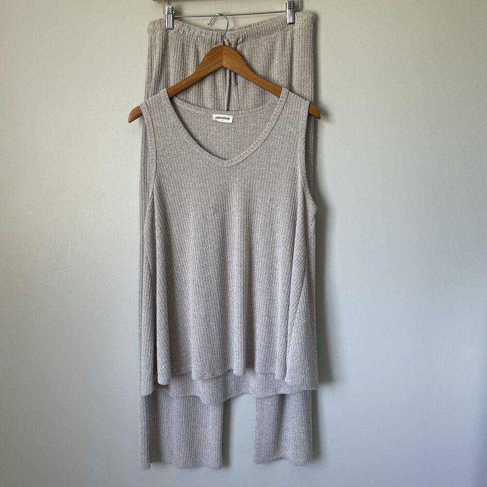 Mittoshop Knit Oversized Loungewear Set Gray Wide Leg Pants Tank Top Size Large